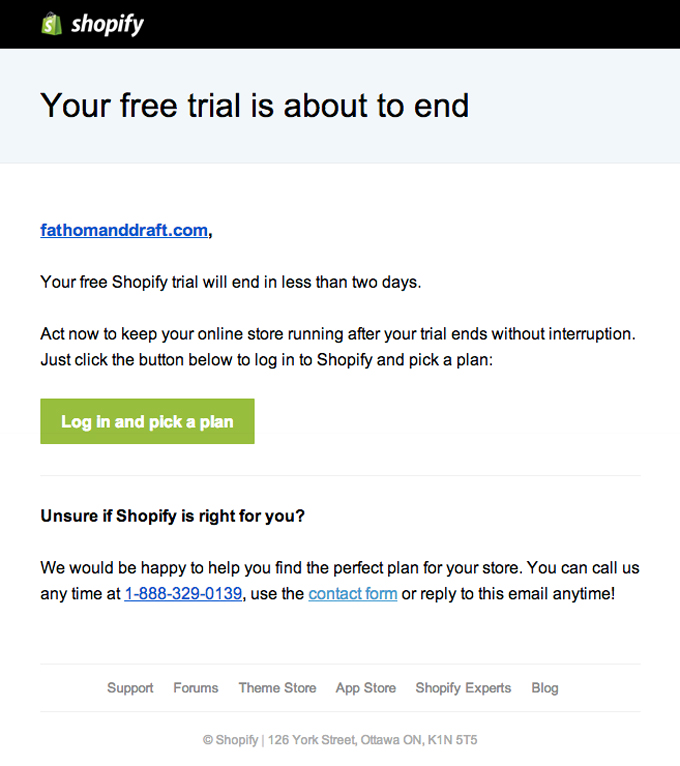 Onboarding Emails - Free Trial Ending Email Example - Shopify