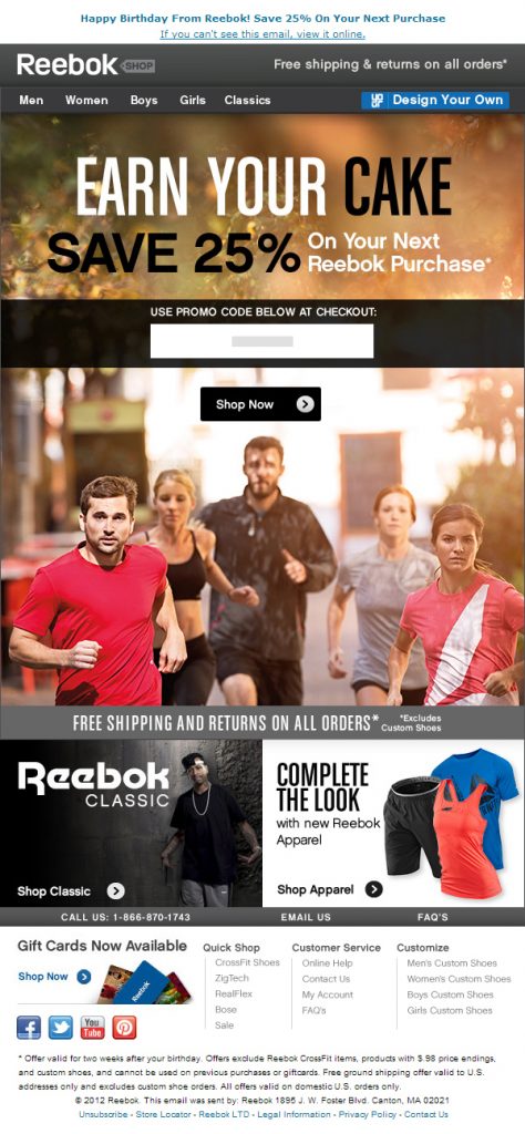 Promotional Emails - Birthday Email - Reebok