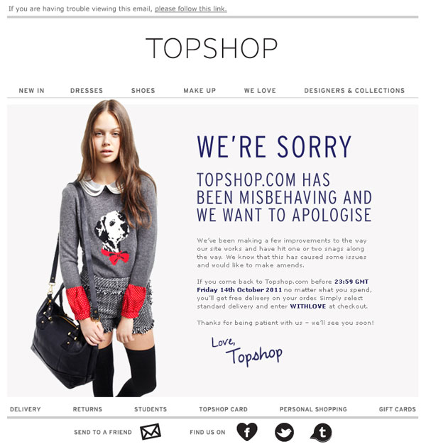 Promotional Emails - Apology Email - Topshop