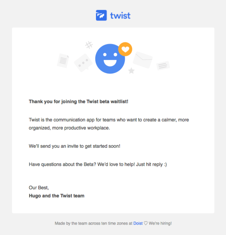 Subscriber Emails - Sign Up Confirmation Email Example - Twist