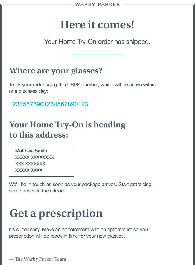 Transactional Emails - Shipping Confirmation Email - Warby Parker