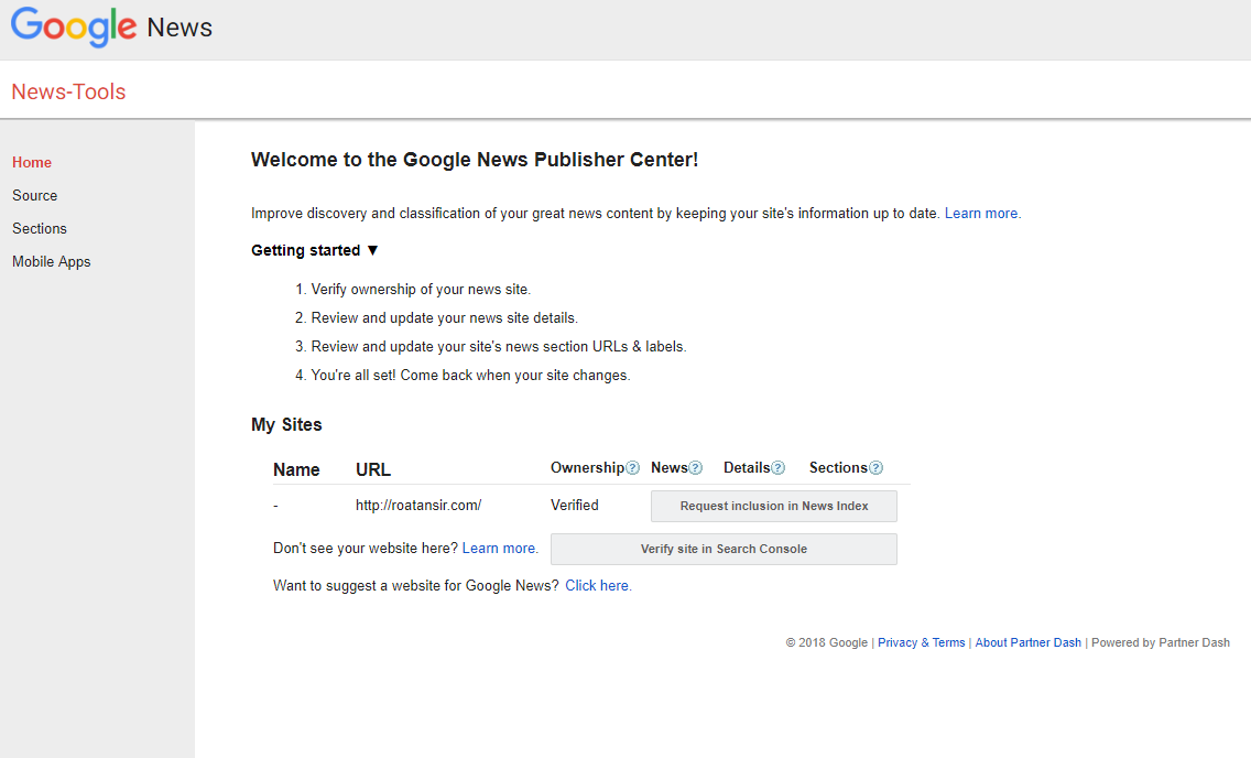 Google News Publisher Center verification