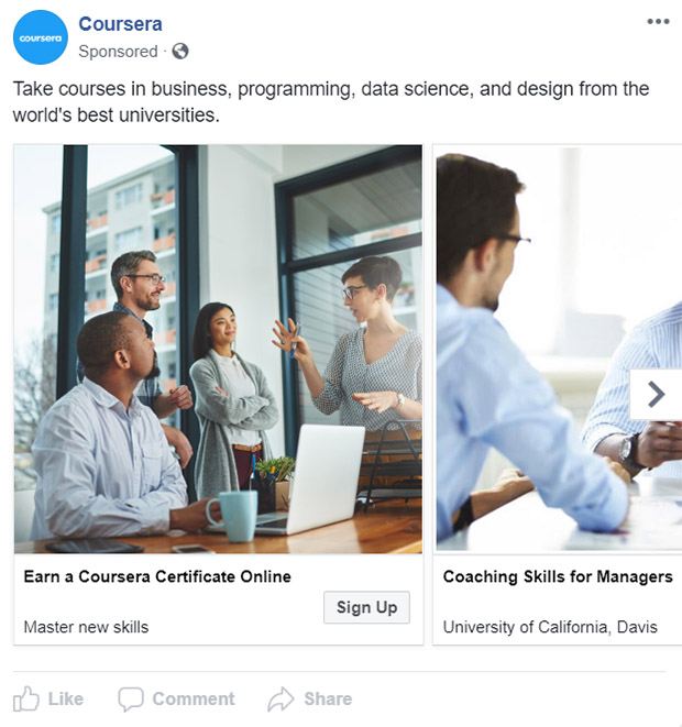 Facebook Ad Coursera - Educational Company Facebook Ad Example