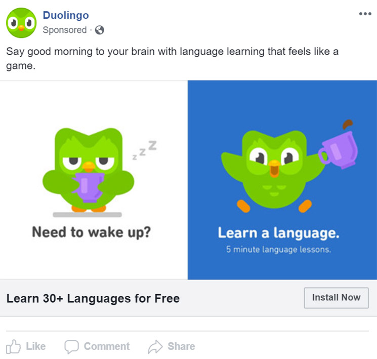 Facebook Ad Duolingo -  Educational Company Facebook Ad Example