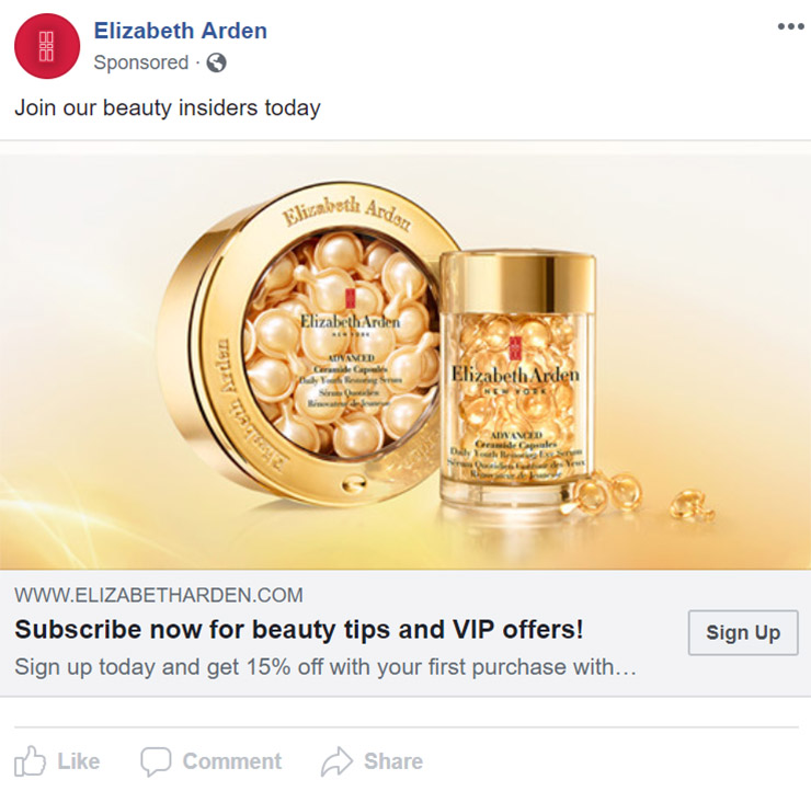 Facebook Ad Elizabeth Arden - Beauty Company Facebook Ad Example