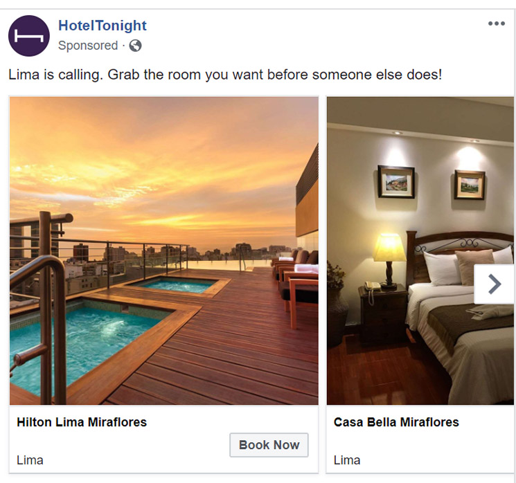 Facebook Ad HotelTonight - Hospitality Facebook Ad Example