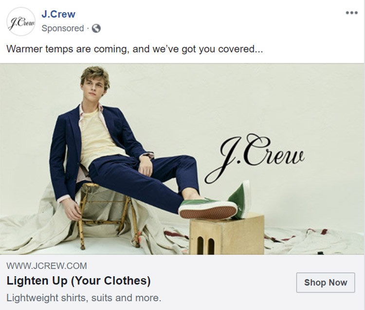 Facebook Ad J. Crew - Apparel Company Facebook Ad Example