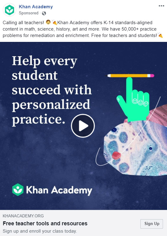 Facebook Ad Khan Academy - Educational Company Facebook Ad Example