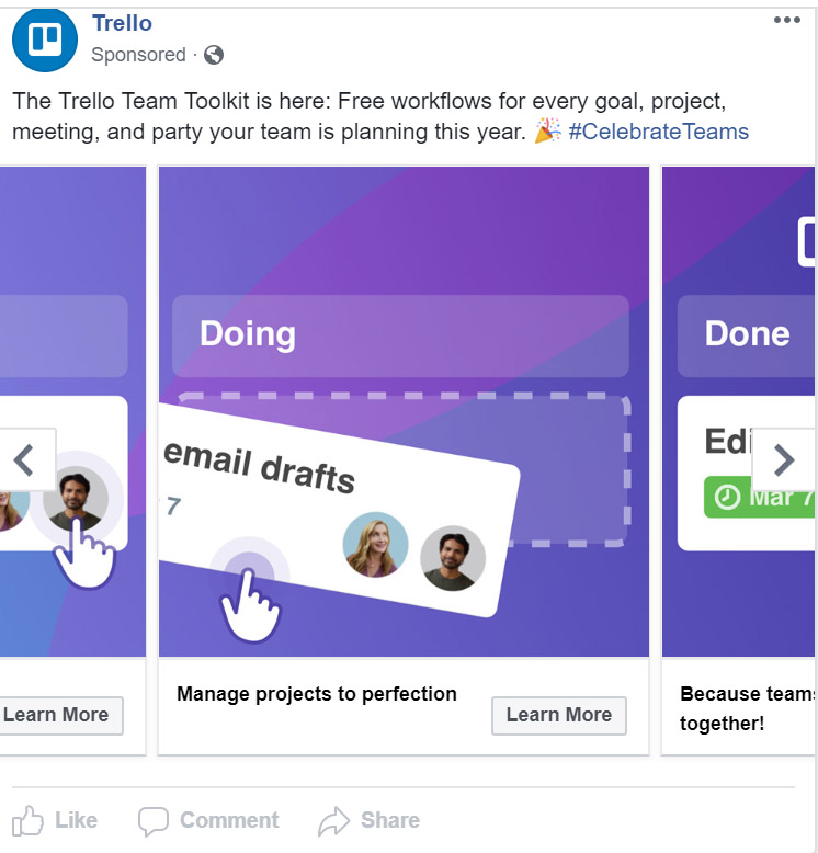 Facebook Ad Trello - Business Communication & Productivy Facebook Ad Example