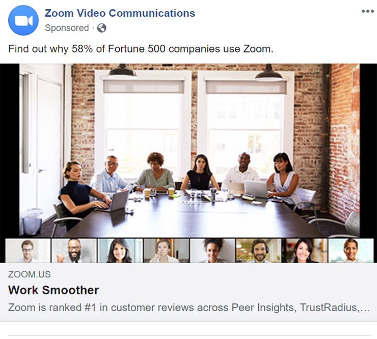 Facebook Ad Zoom Communications - Business Communication & Productivy Facebook Ad Example