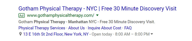 Gotham Physical Therapy Medical Google Ad Example - Chainlink Relationship Marketing