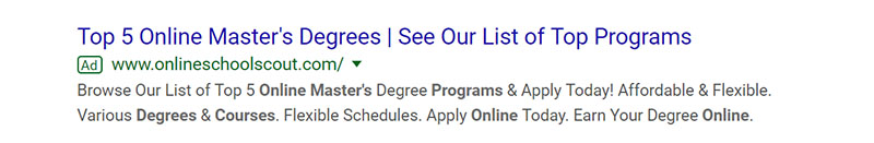 Masters Programs Education Google Ad Example - Chainlink Relationship Marketing