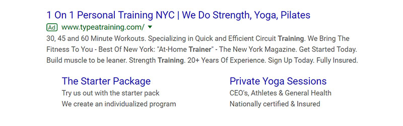 Personal Training Fitness Google Ad Example - Chainlink Relationship Marketing