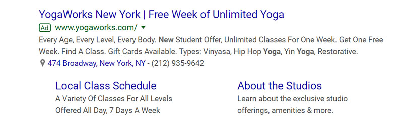 Yoga Classes Fitness Google Ad Example - Chainlink Relationship Marketing