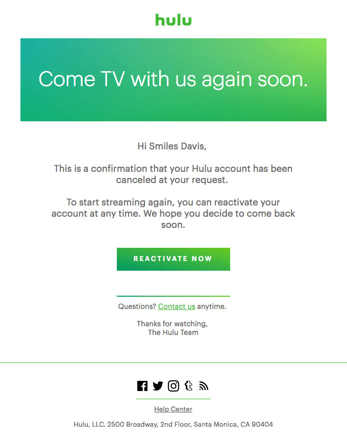 Transactional Emails - Unsubscribe Email -  Hulu