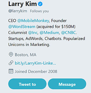 Larry Kim Twitter Profile Example Chainlink Relationship Marketing