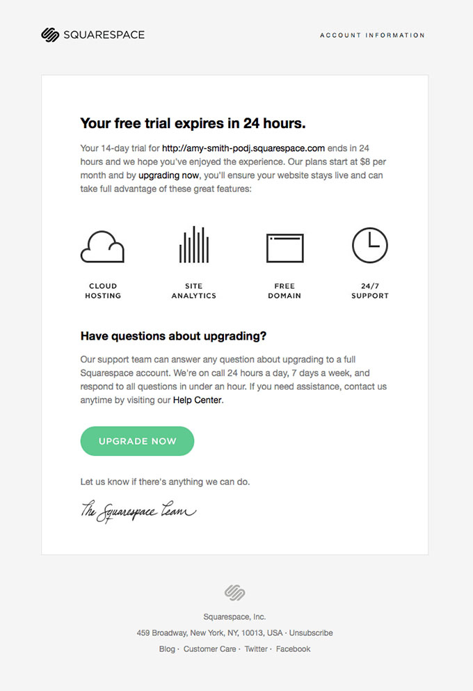 Onboarding Emails - Free Trial Ending Email Example - Squarespace