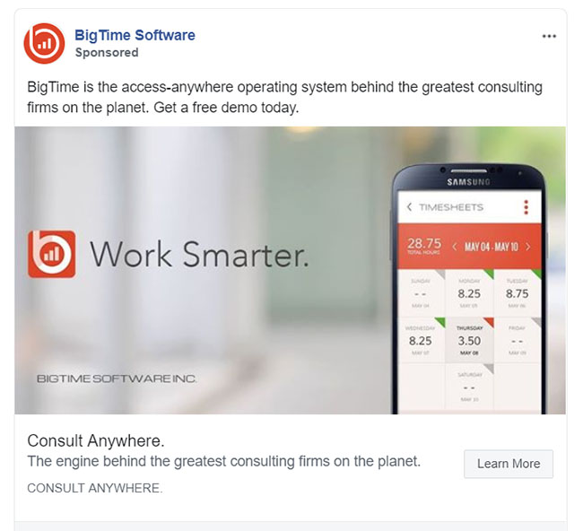 Facebook Ads - Business Communication App Ad Example - BigTime