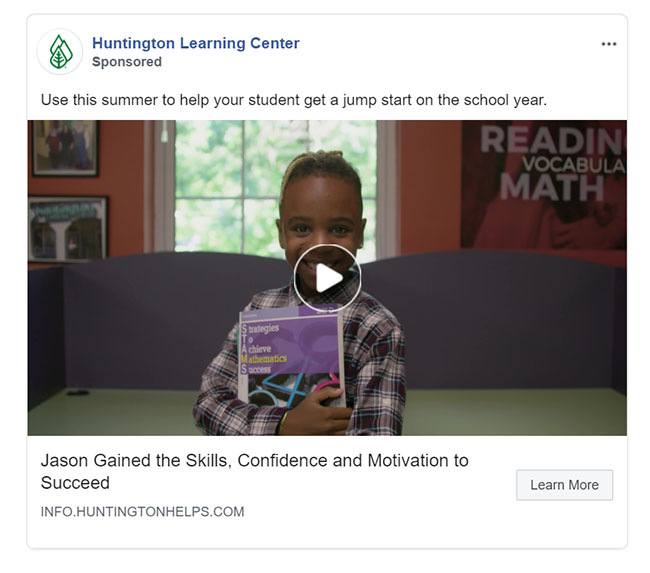 Educational Company Facebook Ad Example - Huntington Learning Center