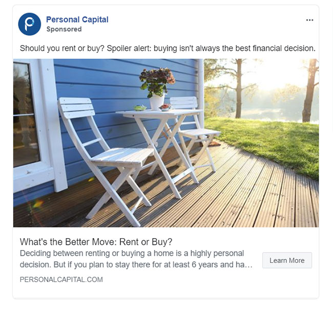 Personal Finance Facebook Ad Example - Personal Capital