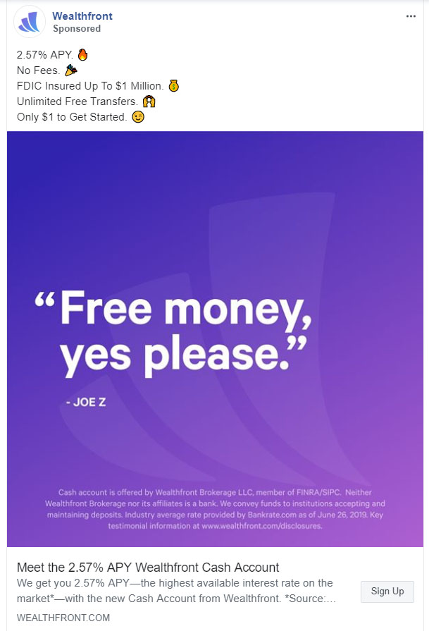 Personal Finance Facebook Ad Example - Wealthfront
