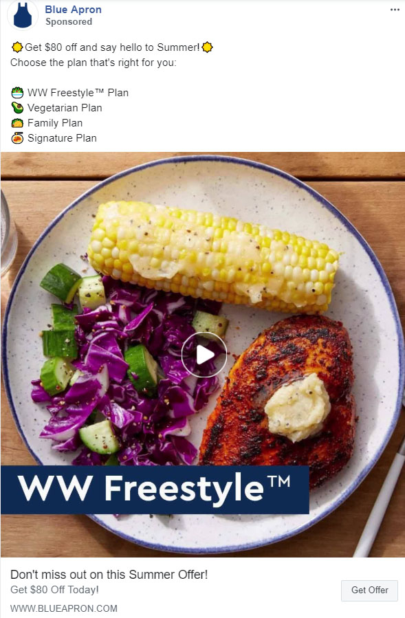 Subscription Based Product/Servce Facebook Ad Example - Blue Apron