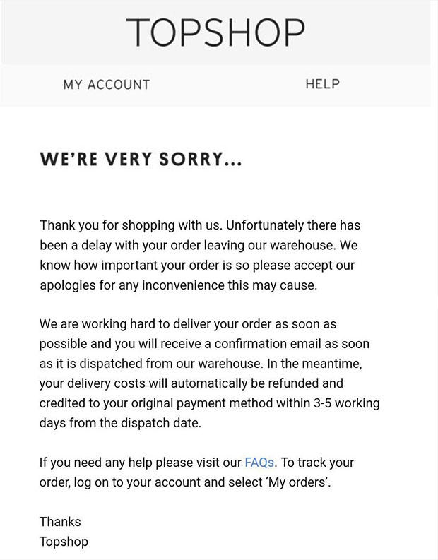 Apology Email Customer Experience Issue Topshop  - Chainlink Marketing