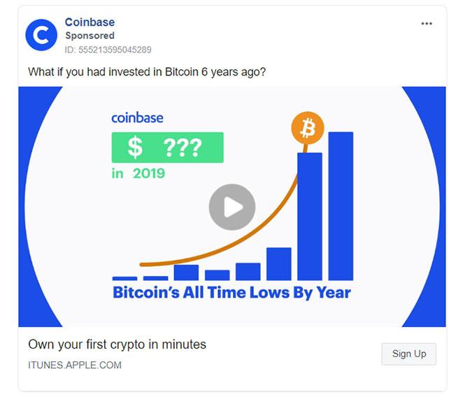 Personal Finance Facebook Ad Example - Coinbase