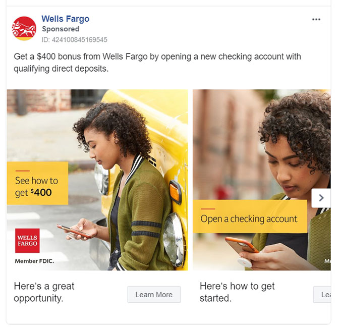 Personal Finance Facebook Ad Example - Wells Fargo