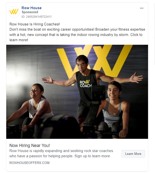 Fitness Facebook Ads Example - Row House