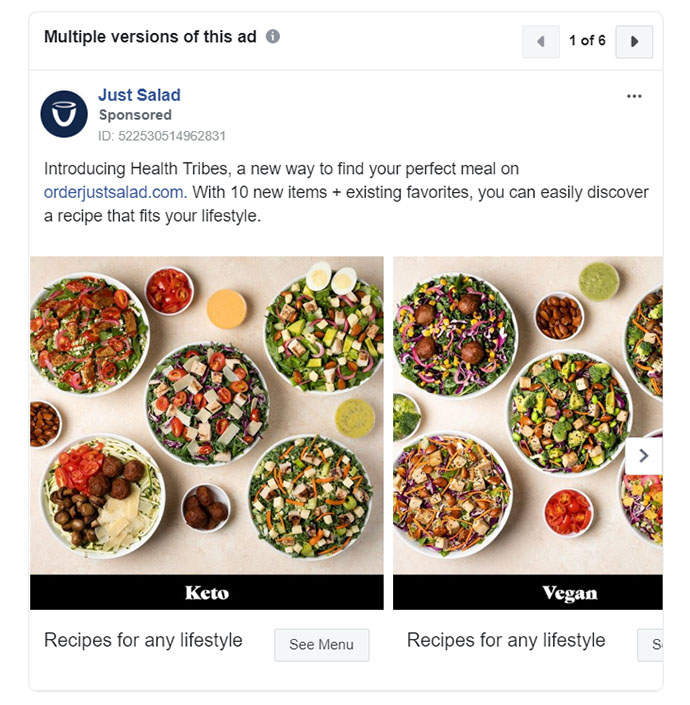 Food & Beverage Facebook Ads Examples - JustSalad