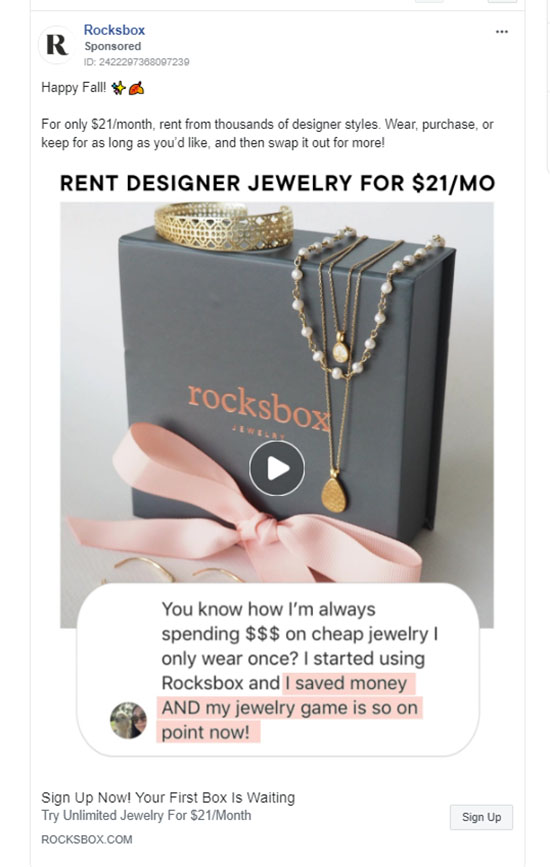Subscription Based Product/Servce Facebook Ad Example - Rocksbox