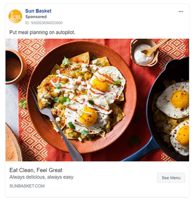 Subscription Based Product/Servce Facebook Ad Example - Sun Basket