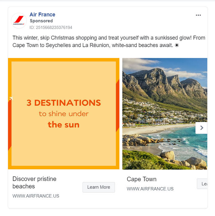 Facebook Ads - Travel Ad Example - Air France