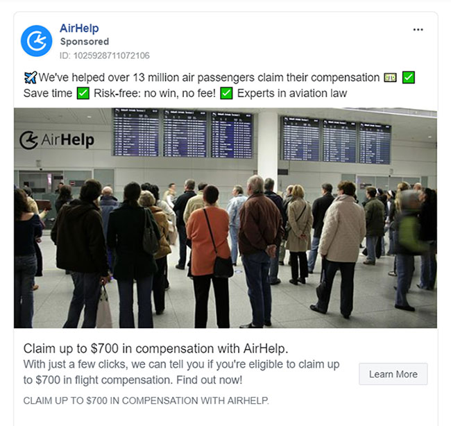 Facebook Ads - Travel Ad Example - Airhelp