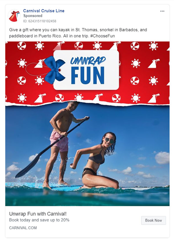 Facebook Ads - Travel Ad Example - Carnival Cruise Line