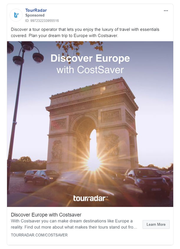 Facebook Ads - Travel Ad Example - Tourradar